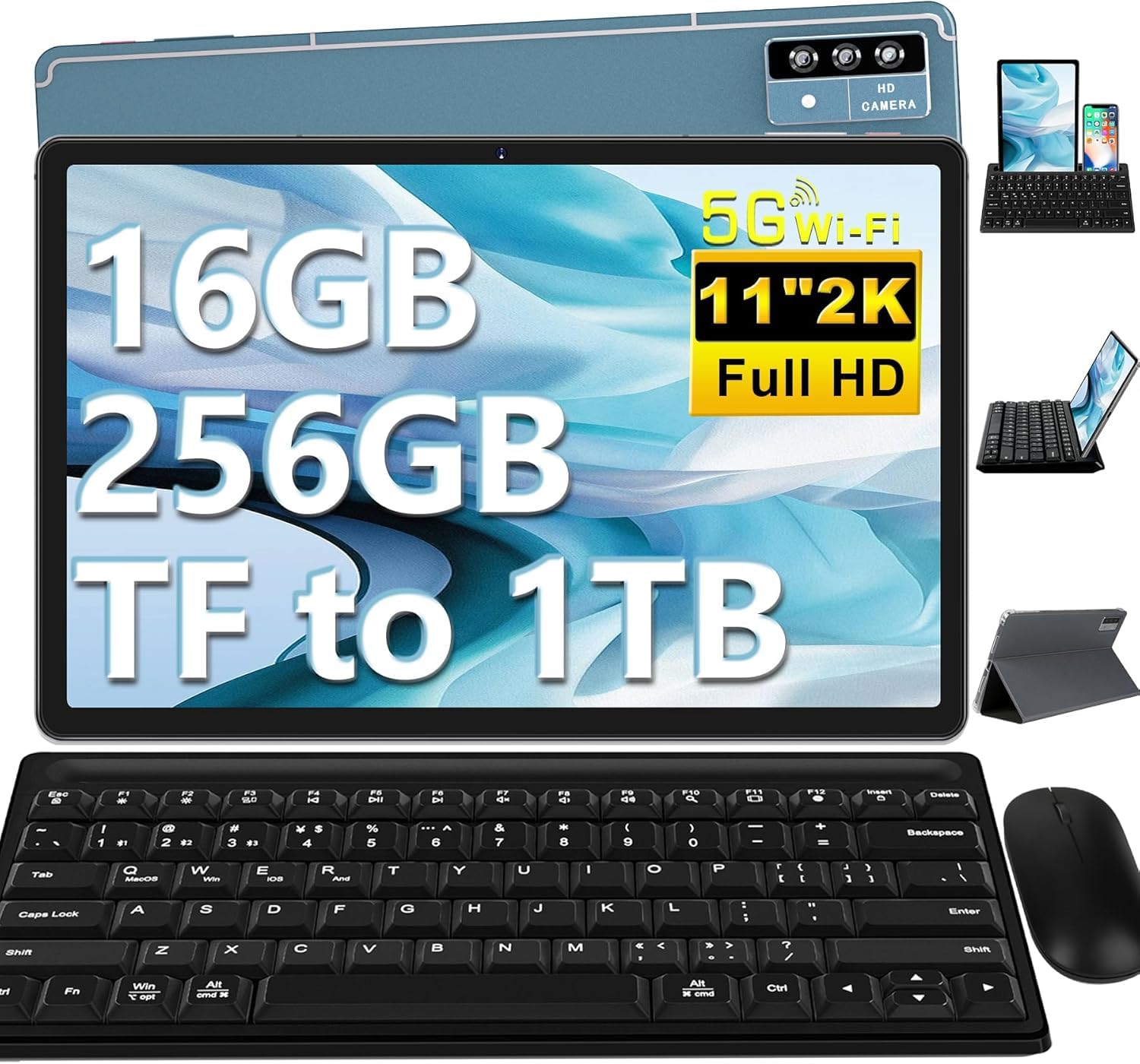 Tablet 11 Pollici Android Tablets, 16GB+256GB(TF 2TB), 8600mAh, 2K FHD Schermo 2000 * 1200, Octa-Core, 4 Altoparlantis, 5MP+13MP+2MP, 2.4G+5G WiFi, BT 5.0, GPS, Tablet con Tastiera+Mouse - Blu