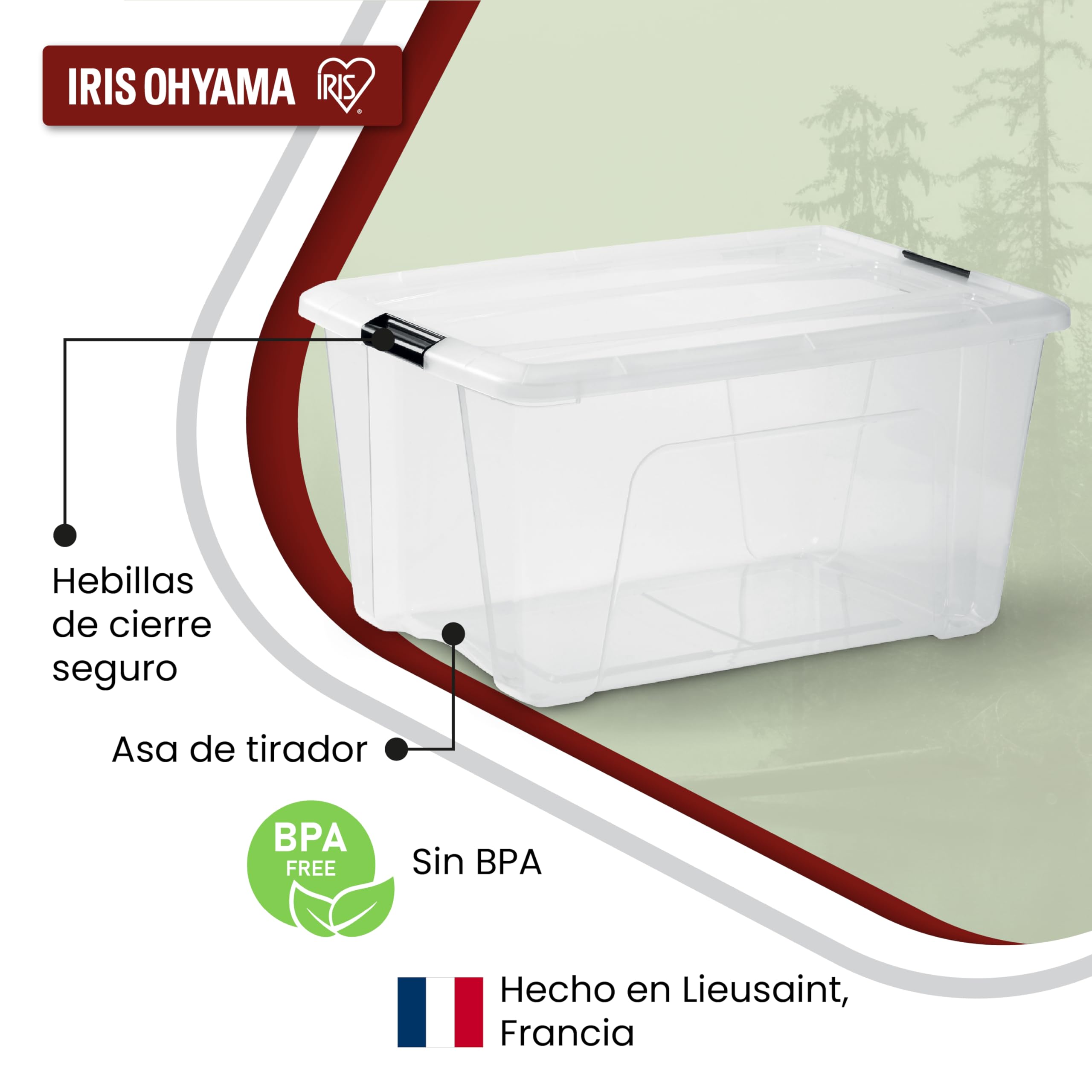 Iris Ohyama 6 Cajas de almacenamiento con tapas, 45L, Transparente, Clips de Cierre, Duradero, Apilable, para Dormitorio, Armario, Oficina, Organizadora, Ropa, Libre de BPA, NTB-45