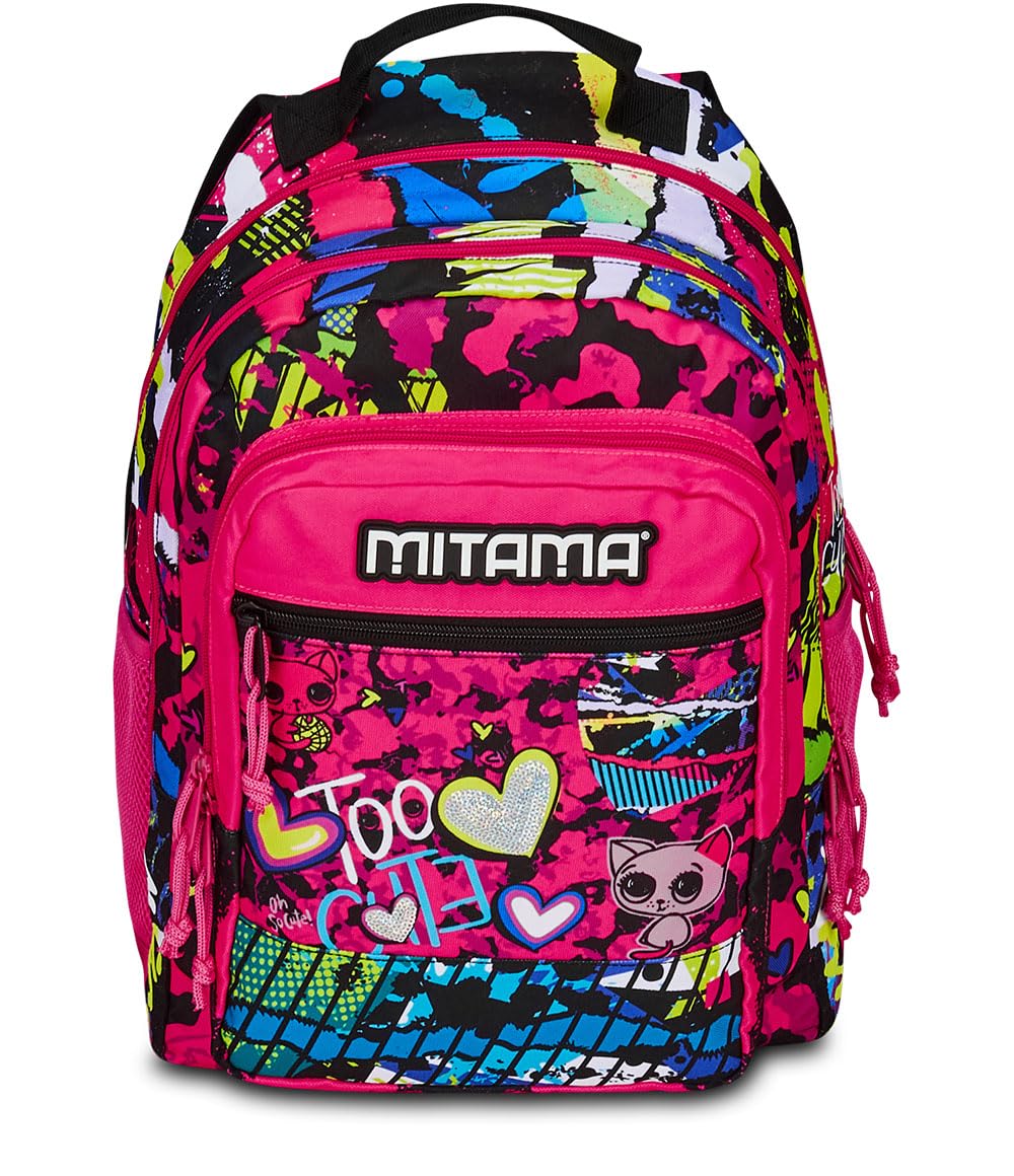 Mitama Zaino Triplo Scomparto Too Cute con Tasca frontale, Rosa e Nero, Scuola Elementare e Tempo Libero, Bambina Ragazza