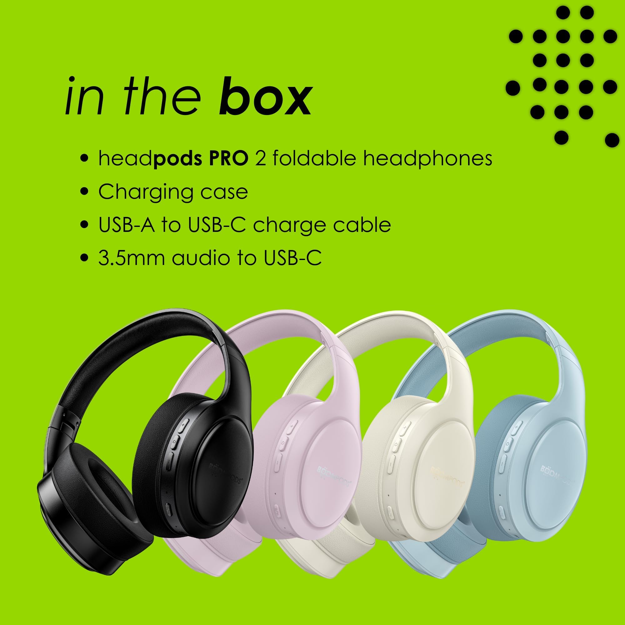 Boompods Słuchawki nauszne Bluetooth Headpods Pro2 - składane słuchawki bezprzewodowe z mikrofonem, ponad 50 godzin pracy na baterii, komfort z pianki poduszki, lekka konstrukcja nauszna do