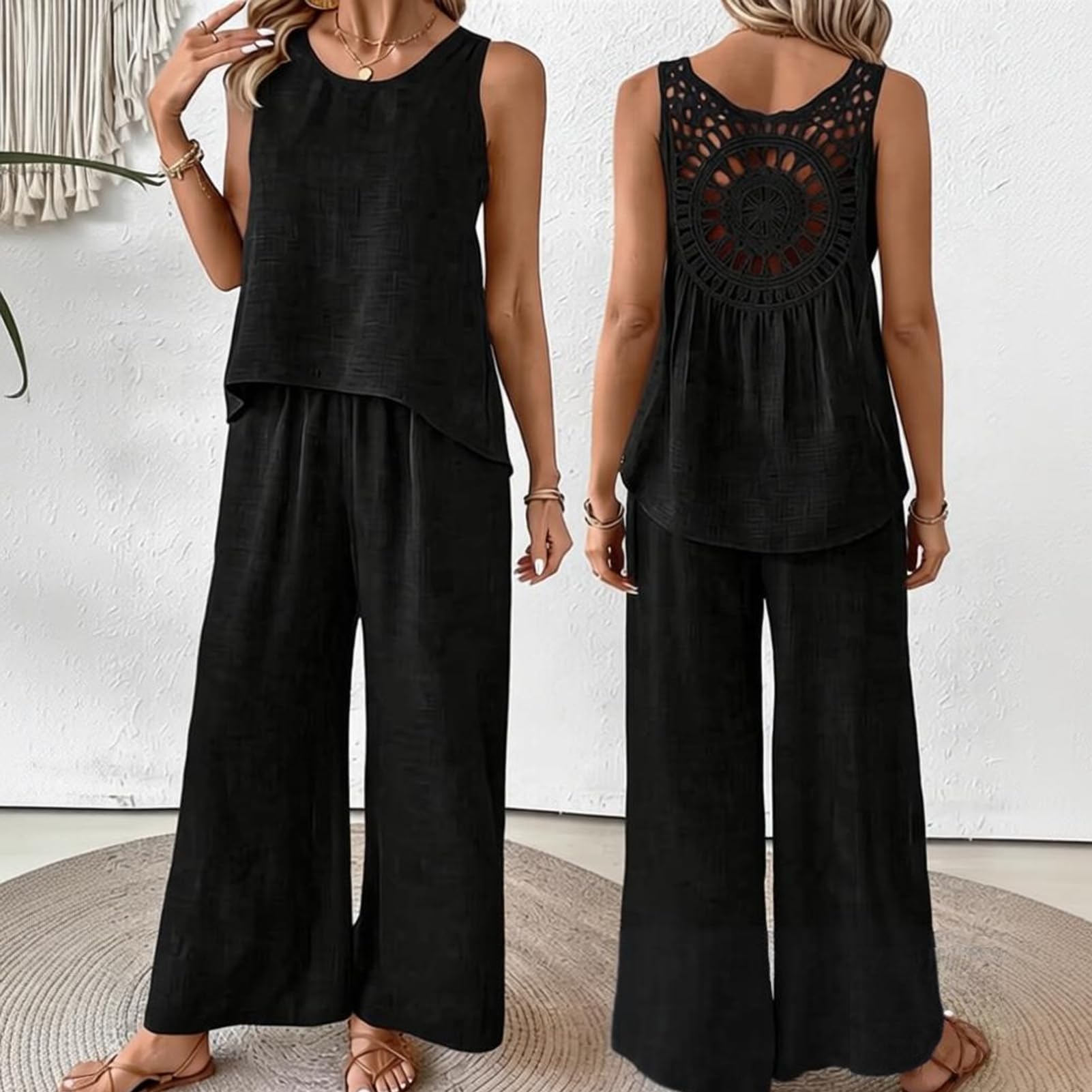 Damskie letnie 2-częściowe stroje bez rękawów Hollow Back Top i spodnie z szerokimi nogawkami zestaw boho plaża wakacje salon zestaw
