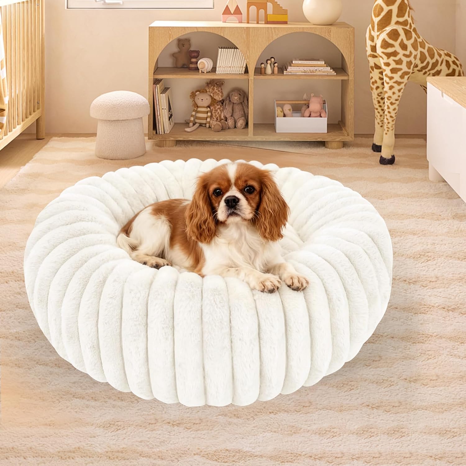 Washable Extra Large Dog Bed,Calming Anti Anxiety Round Donut Dog Bed,Fluffy Puppy Beds for Small Dogs,Cute Kitten Cat Beds for Indoor Cats,Anti-Slip Comfort Pet Beds for Extra Large Size(White,XXL)
