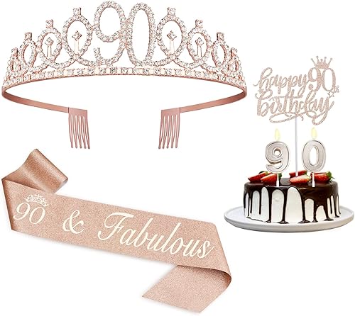 Decoraciones de cumpleaños de 90años para mujer, que incluyen coronatiara, banda, adorno para pastel y velas de cumpleaños de 90años decoraciones de