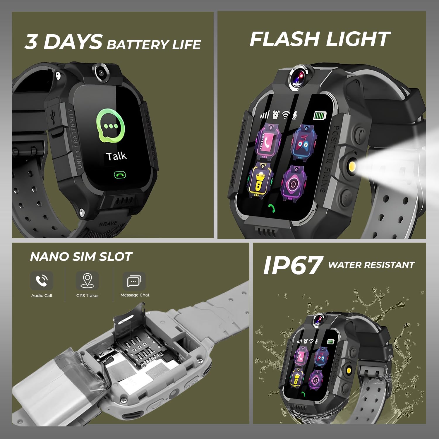 GameSir Kids Smartwatch for Boys & Girls, Men & Women, Sim Card Support, Location Tracker/GPS System, Music Player, Camera, Video,Notification, Alarm, Waterproof, Calling Smart Watch-Black — Amazon image 6