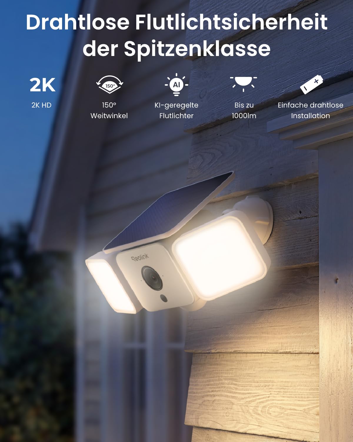 Reolink 2K Kabellose Flutlicht Kamera Akku, SolarEase, Farbnachtsicht | Überwachungskamera Aussen Solar mit 150°Ansicht &1000 lm Licht, KI-Erkennung, 2,4/5 GHz Wi-Fi 6, IP66, Solar Floodlight Cam