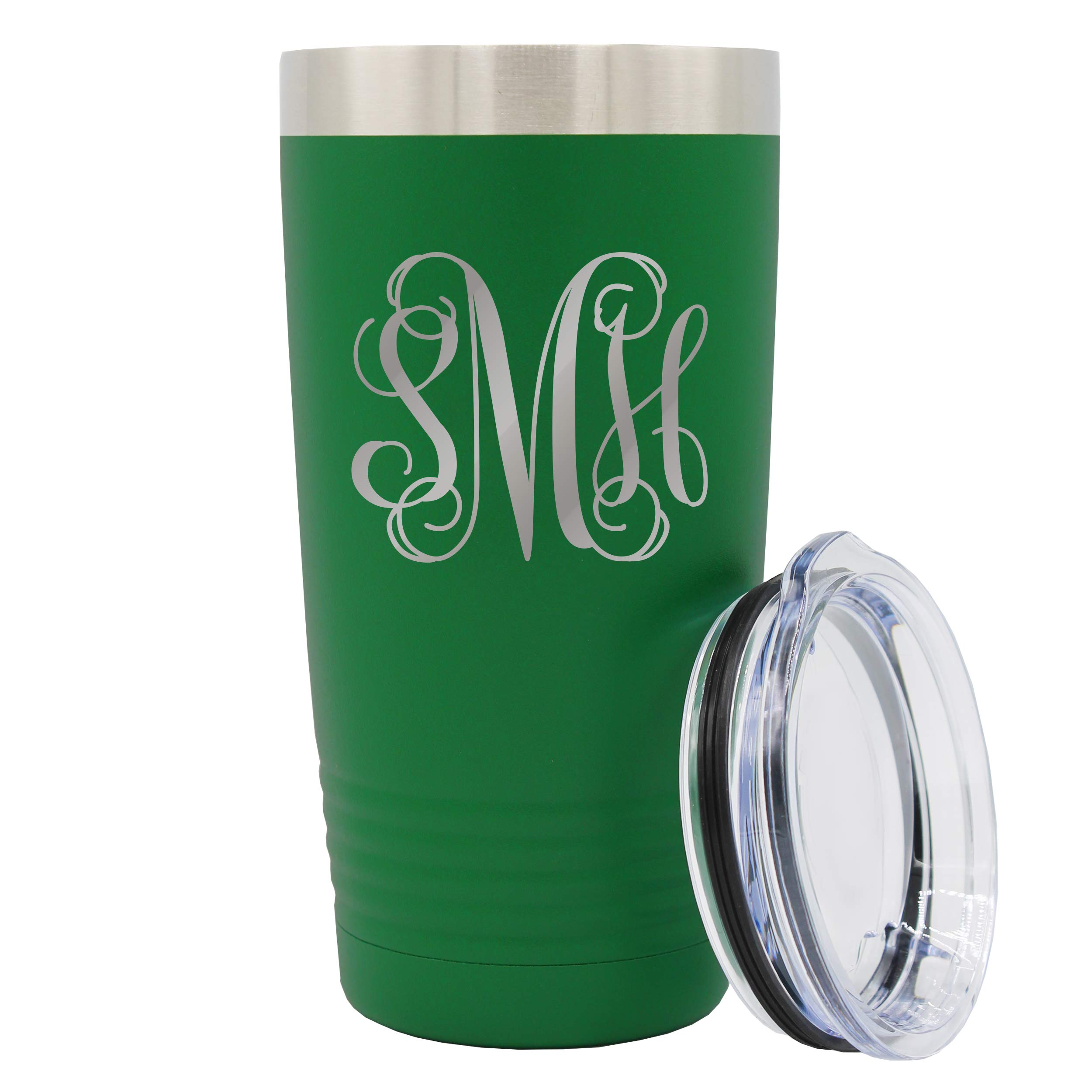 Personalized Vine Monogram 20 oz Powder Coated Stainless Steel Insulated Travel Tumbler - Custom Monogrammed for Wife, Her, Women, Mom, Teacher (Green
