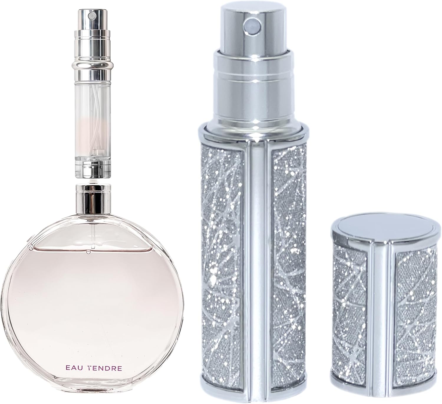 AE00SI navulbare parfumverstuiver, glitterstijl, draagbaar, lekvrij, onderaan te vullen, geschikt voor reizen en vakantie, verjaardag en jubileum, 5 ml (fonkelend zilver)
