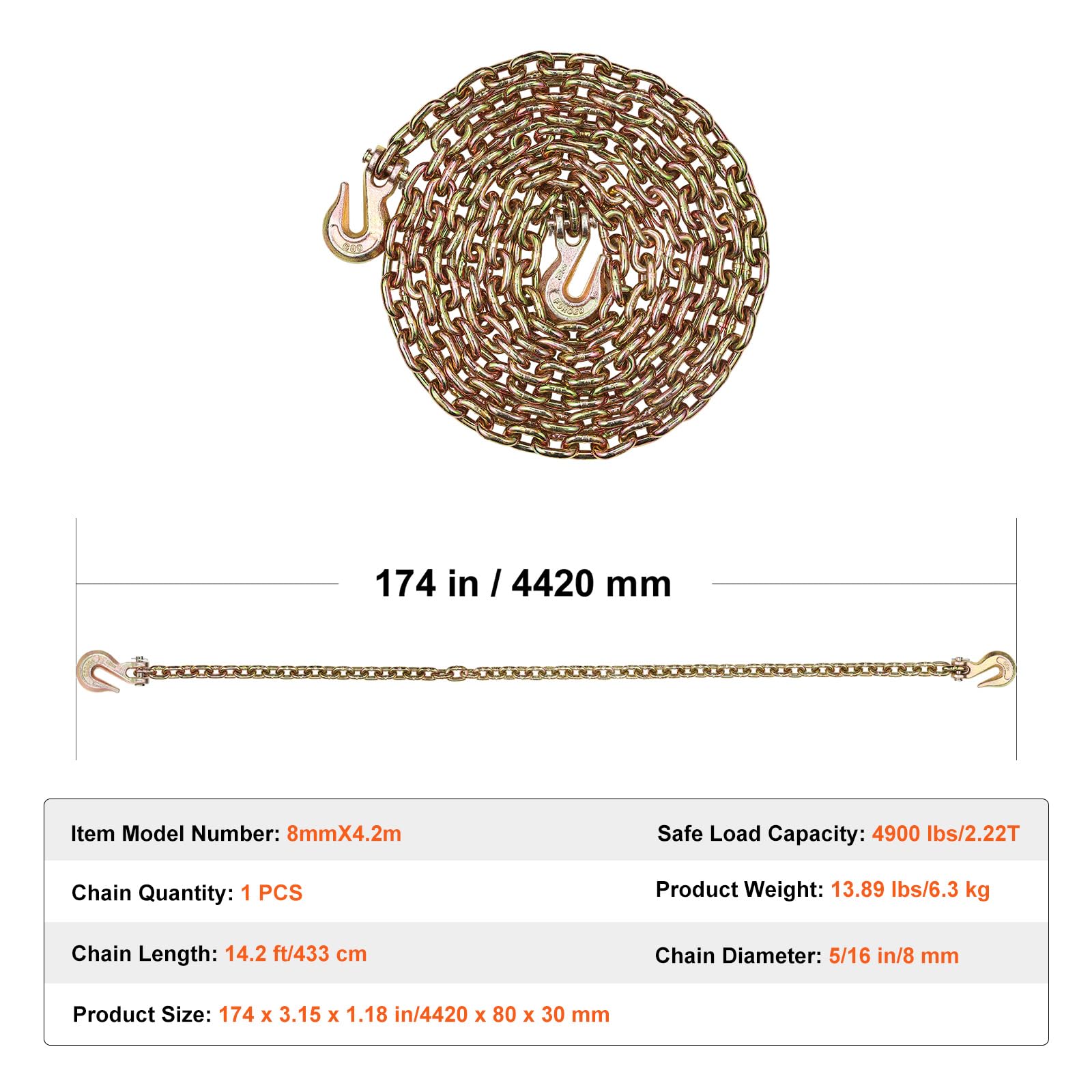 VEVOR Chaîne de Reliure de Remorquage avec Crochets à Chape, Chaine de Transport G80 8 mm x 433 cm, Chaîne d'Exploitation Forestière Capacité Charge 2,22 t, pour Attacher Équipements de Dépanneuse