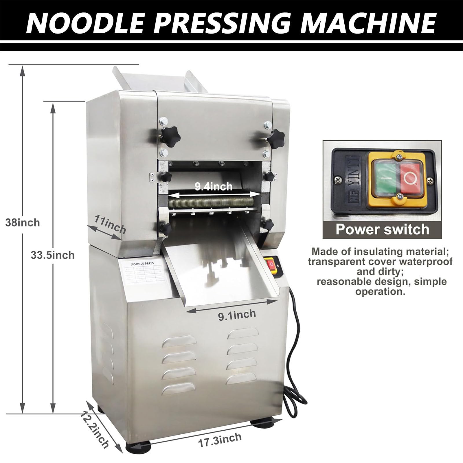 MáQuina para Hacer Masa con Rodillo EléCtrico, MáQuina para Hacer Pasta Comercial, MáQuina para Prensar Fideos para AlbóNdigas y Fideos con Cabezal de Corte de 1,5 mm/2 mm/3 mm,RoundNoodle-3mm