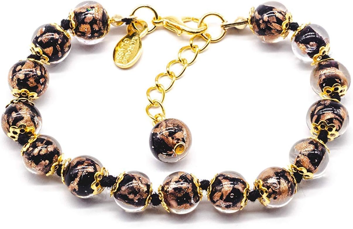 Handmade Bracelet - Murano Glass - Black Aventurine Beads Hand Blown Glass