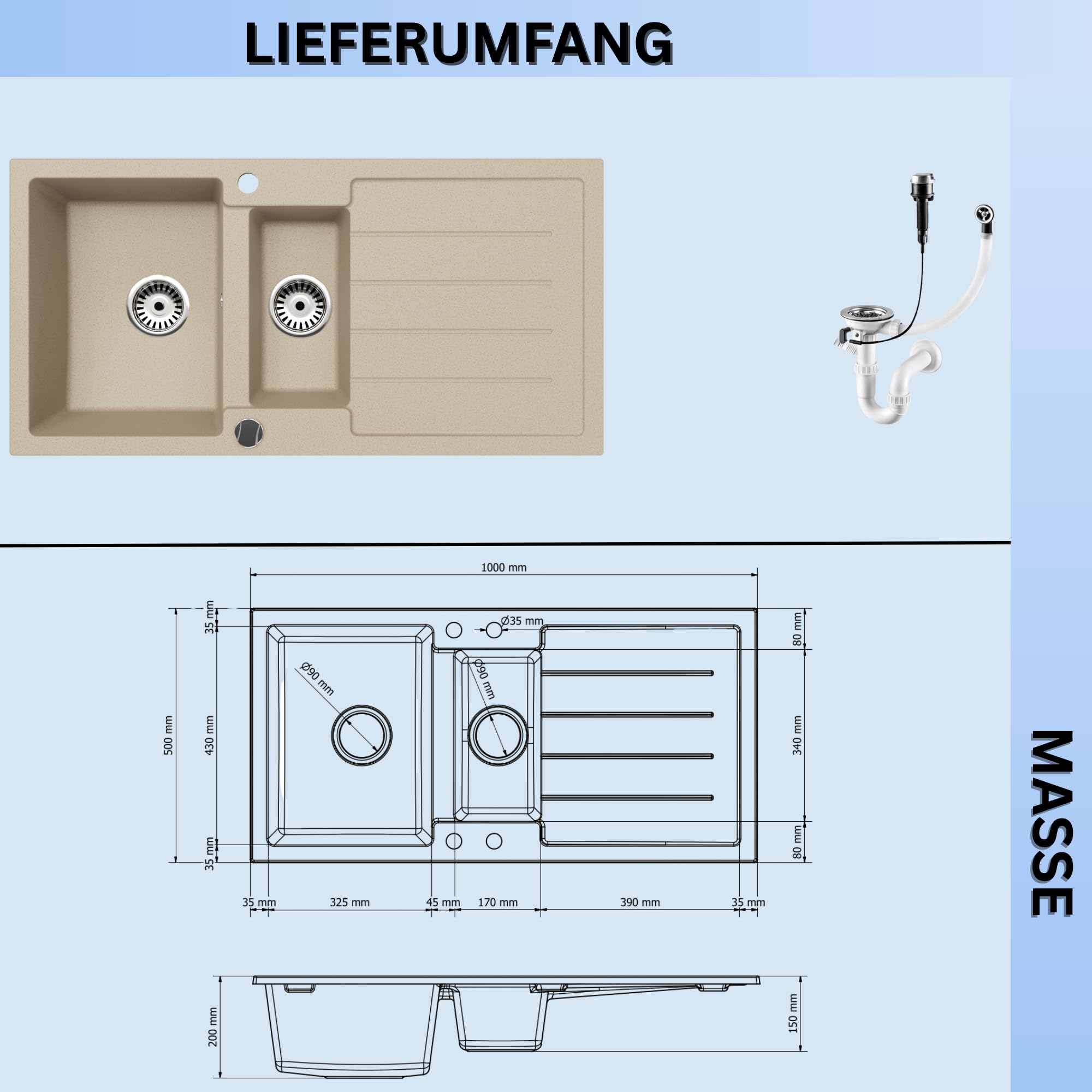 Faizee Home | Spülbecken Beige 100x50 cm aus Granit – Modell Napoli mit 1,5 Becken & Abtropffläche | Beidseitig montierbare Einbauspüle | Küchenspüle inkl. Siphon-Set