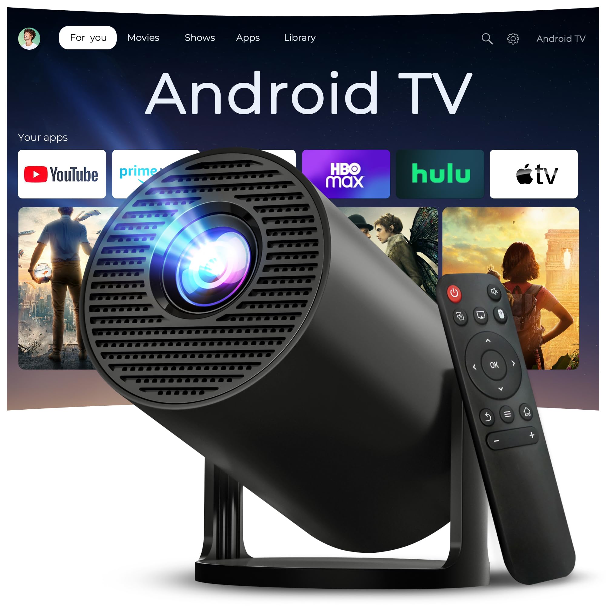 Mini Projector with WiFi 6 and Bluetooth 5.4 Built-in Android 11, 1080P 4K Support Portable Projector, Auto Vertical Keystone, LYNCAST 180° Rotatable Projector for Home,Outdoor OptiBarrel 500 Black