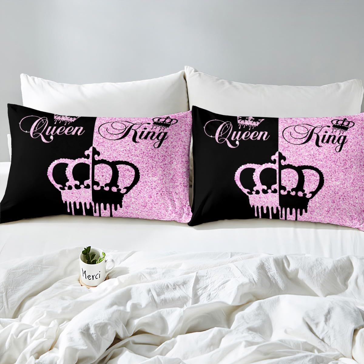 Homemissing Modern King and Queen Crown Duvet Cover King Size Black and Pink Bedding Set Teens Adults Couple Comforter Cover Set 3 Pieces Girls Boys Valentines Day Gifts Bedding (No Glitter) - Image 4