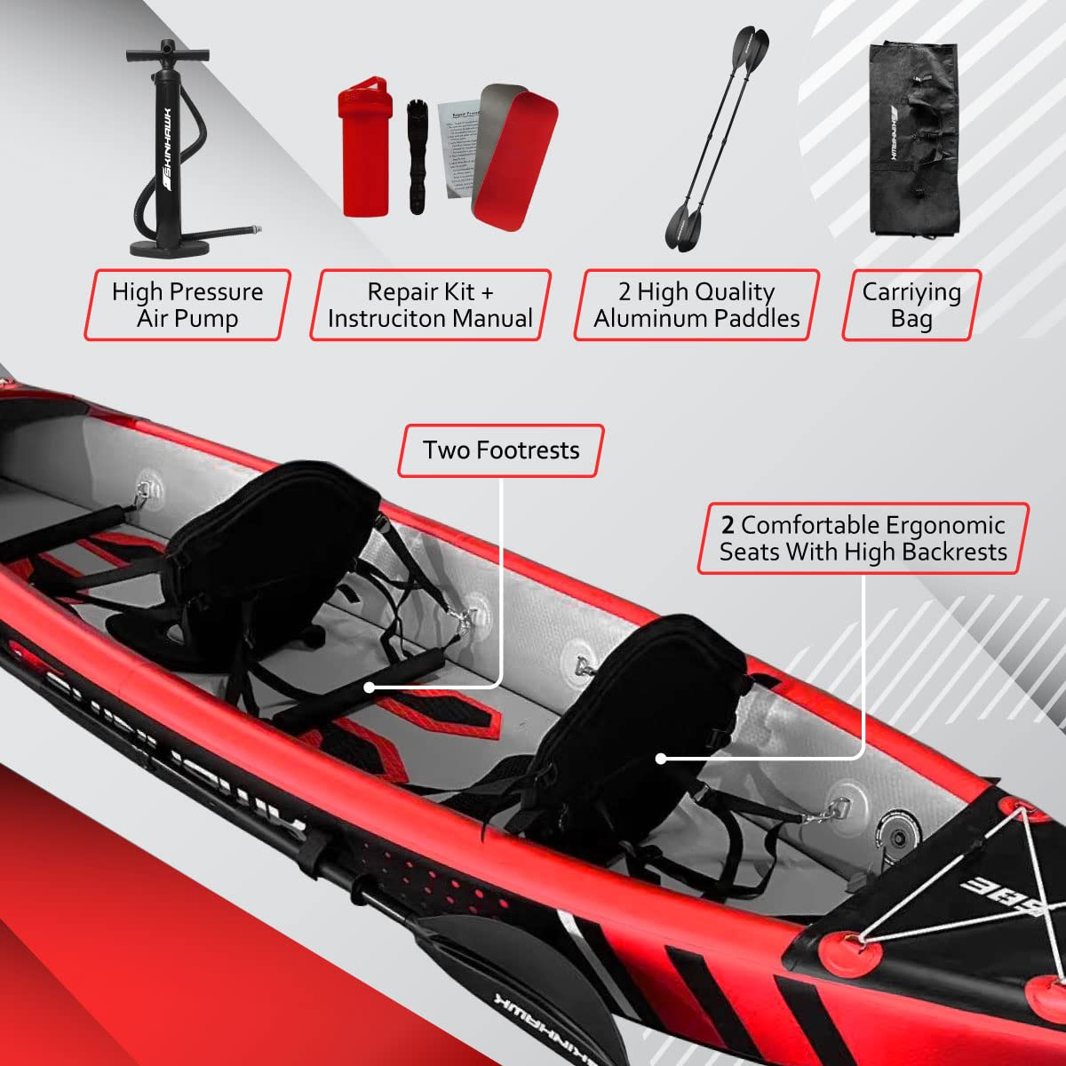 Skinhawk Premium Full Drop Stitch Kayak 385 Rojo Inflable Canoa para Inflable, Kayak de Aventura, 385 x 85 cm