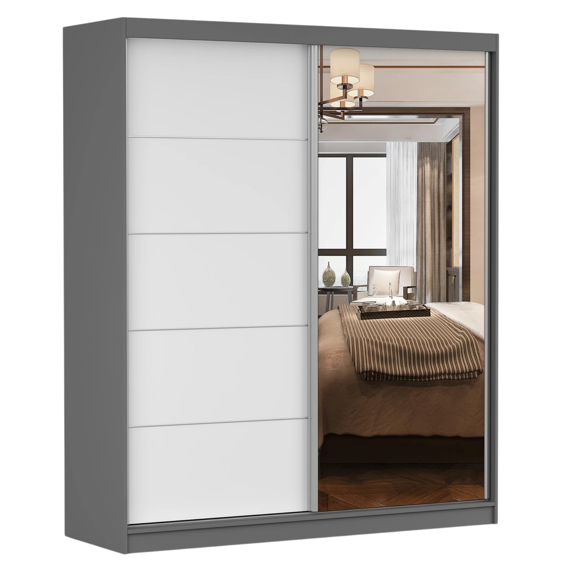 Fabryka Mebli Idźczak Kleiderschrank mit Spiegelfront & Schiebetüren Weiß Grau - platzsparend & geräumige Fachaufteilung mit Kleiderstange - moderner Stauraum für Schlafzimmer Ankleidezimmer