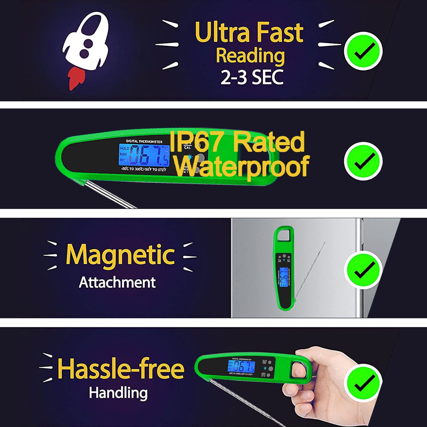 Termómetro de carne de lectura instantánea para cocinar en la cocina, termómetro digital ultra rápido preciso impermeable con retroiluminación, imán y sonda plegable para freír, barbacoa al