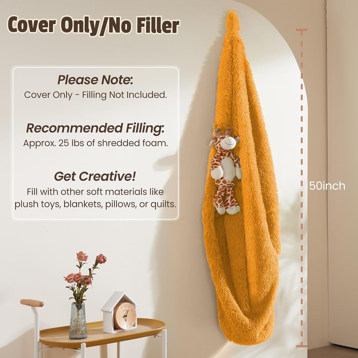 Bean Bag Cover (No Filler), Soft Faux Fur Stuffed Animal Bean Bag Storage, Fluffy Plush Bean Bag Chair Cover Washable, Comfy Bean Bag Covers for Adults Kids Teens, 38"x40" Harvest Yellow image 3
