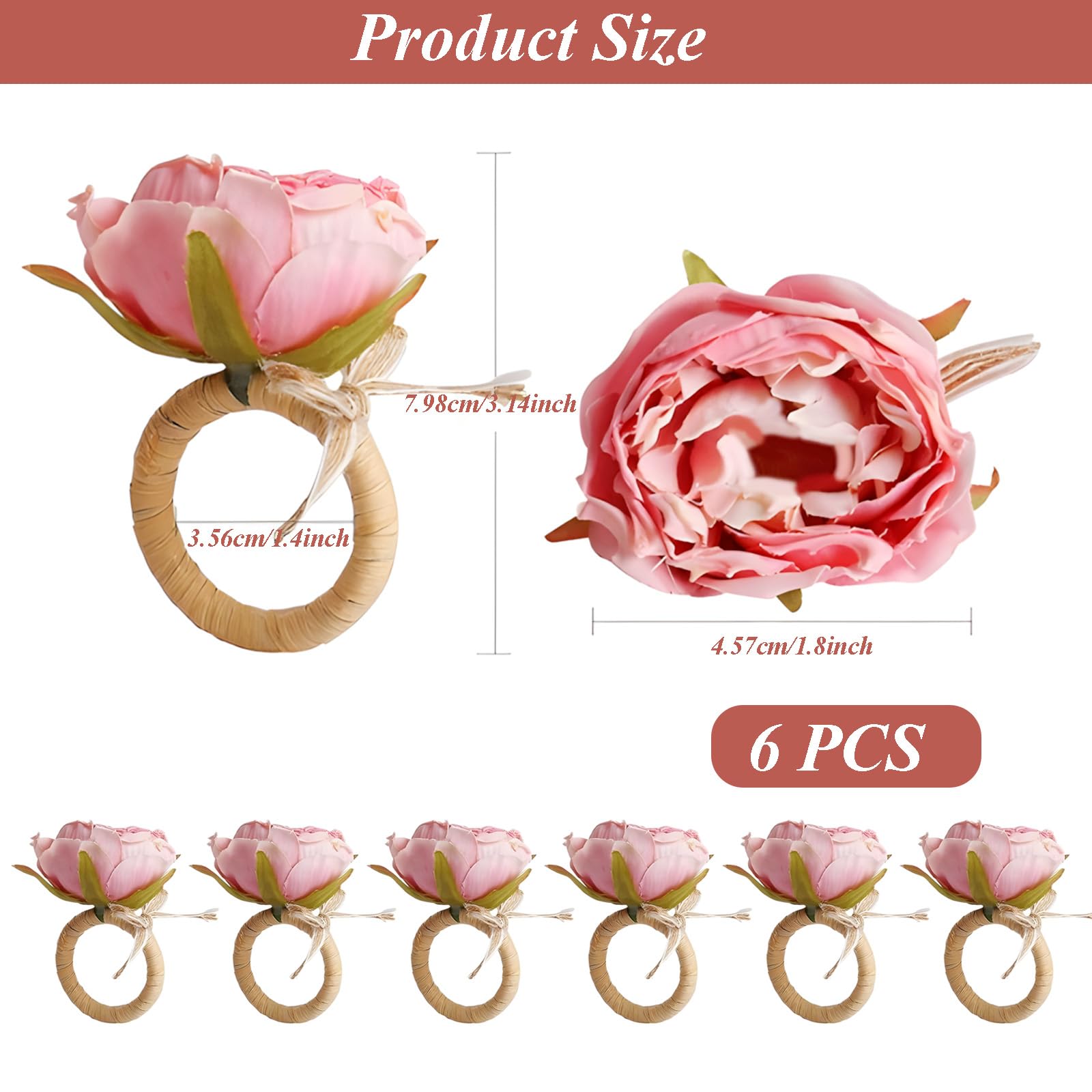 Lot de 6 Ronds de Serviette Pivoine Rose – Boucle en Paille de Raphia Tissée à la Main – Décoration de Table Élégante pour Mariage, Fête & Repas Gourmand