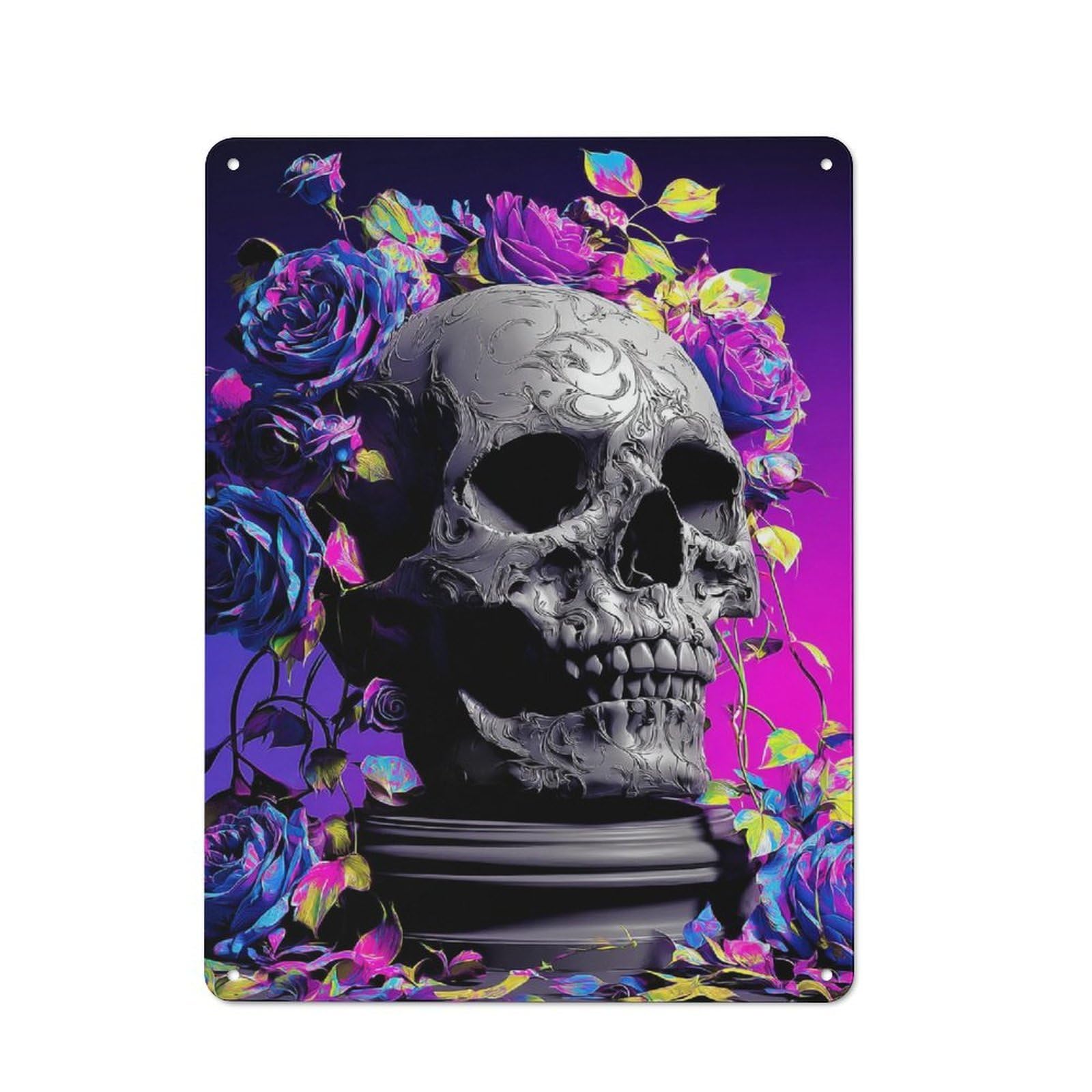 Junmoney Colorful Skull With Roses Artwork Tin Sign With Design 40X30cm, Vintage Workshop Wall Decor For Tool Room, Garage, Studio Or Home Bar