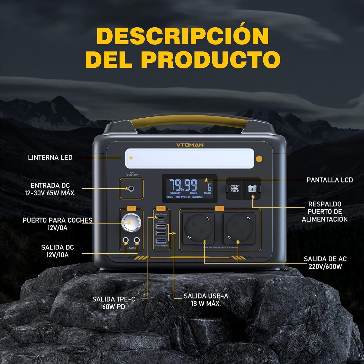 VTOMAN Jump 600X 299Wh Generador Solar, 600W Salida de CA para Apagones | LiFePO4 Batería, Arranque de Coche, Potencia Pico 1200W, LED Linterna, Capacidad Ampliable a 939Wh, Acampadas, Jardín y RV