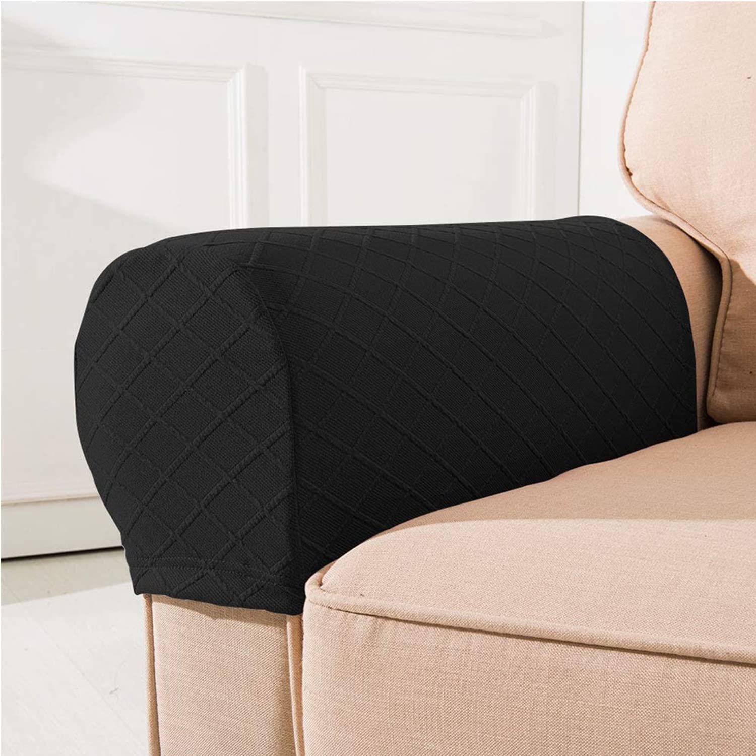 Arm Rest Covers, Set of 2 Stretch Diamond Pattern Armchair Couch Stretch Armrest Chair Covers for Furniture Protector, Anti-Slip Sofa Chair Arm Caps Spandex Polyester Slipcovers (Black)