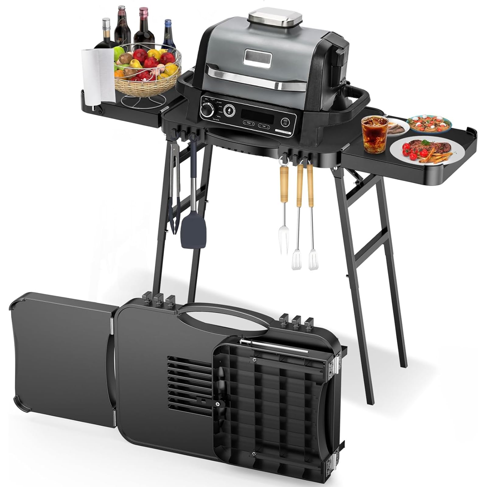 GFTIME Chariot de barbecue portable universel pour Enders Urban, Weber Q100 Q200 Q300 Series, Ninja Woodfire Grill, Burnhard Wayne, support de barbecue universel, pliable pour l'extérieur