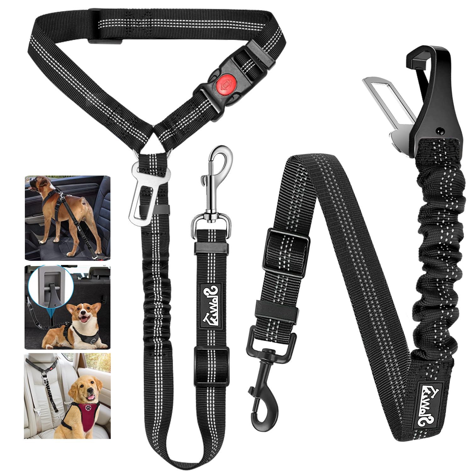 Lukovee Dog Seatbelt Leash for Cars, 2 Pack Pet Safety Car Seat Belt with Adjustable Buckle & Reflective Bungee, Connect Dog Harness in Vehicle Car