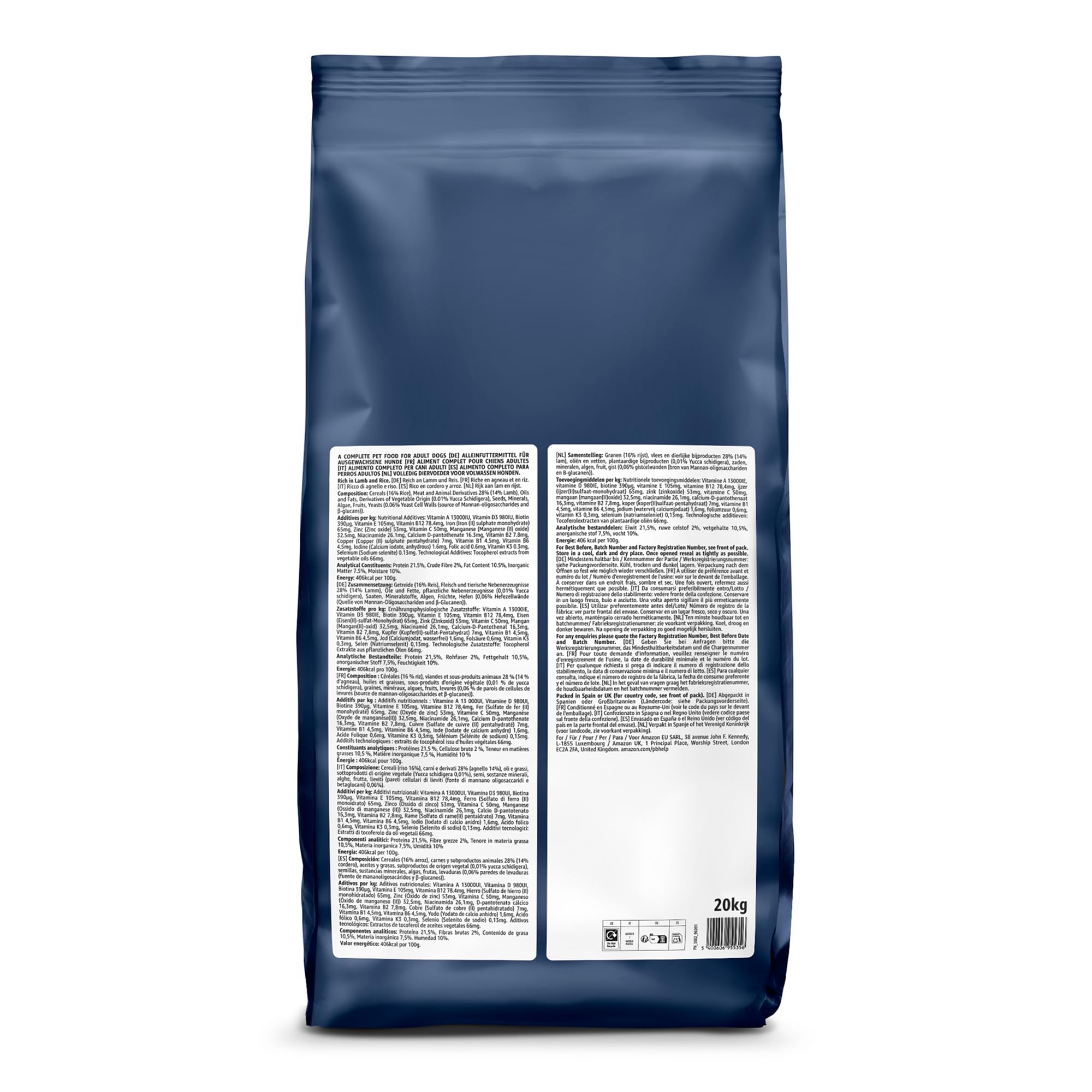 by Amazon - Alimento seco completo para perro adulto rico en cordero y arroz, 20 kg (Paquete de 1)