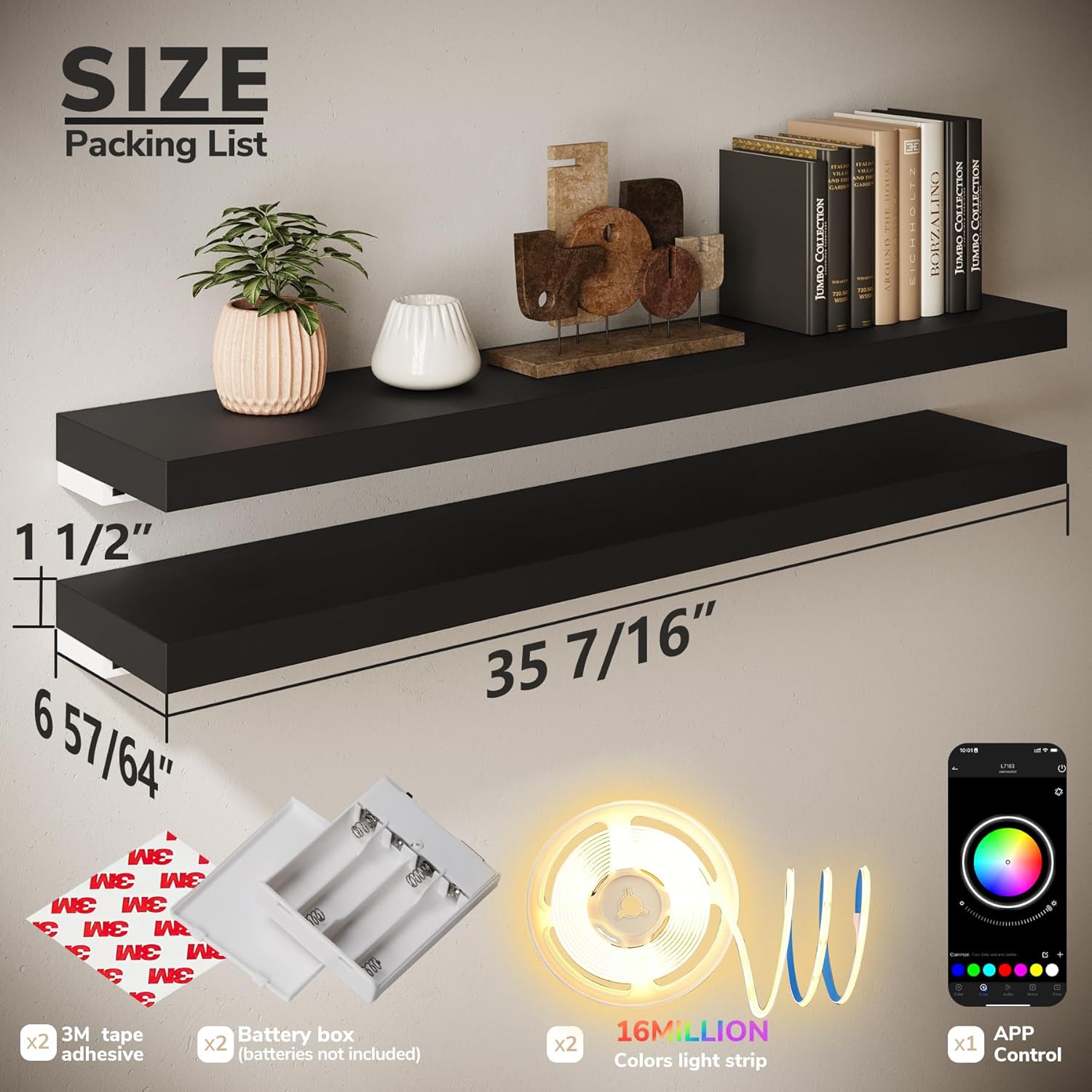 BAMEOS RGB LED Floating Shelves for Wall, 35" Wall Mounted Wooden Shelves with Invisible Brackets, Set of 2, Hanging Wall Shelves for Bedroom, Living Room, Kitchen, Study(Black) 35 x 7 Black-rgb