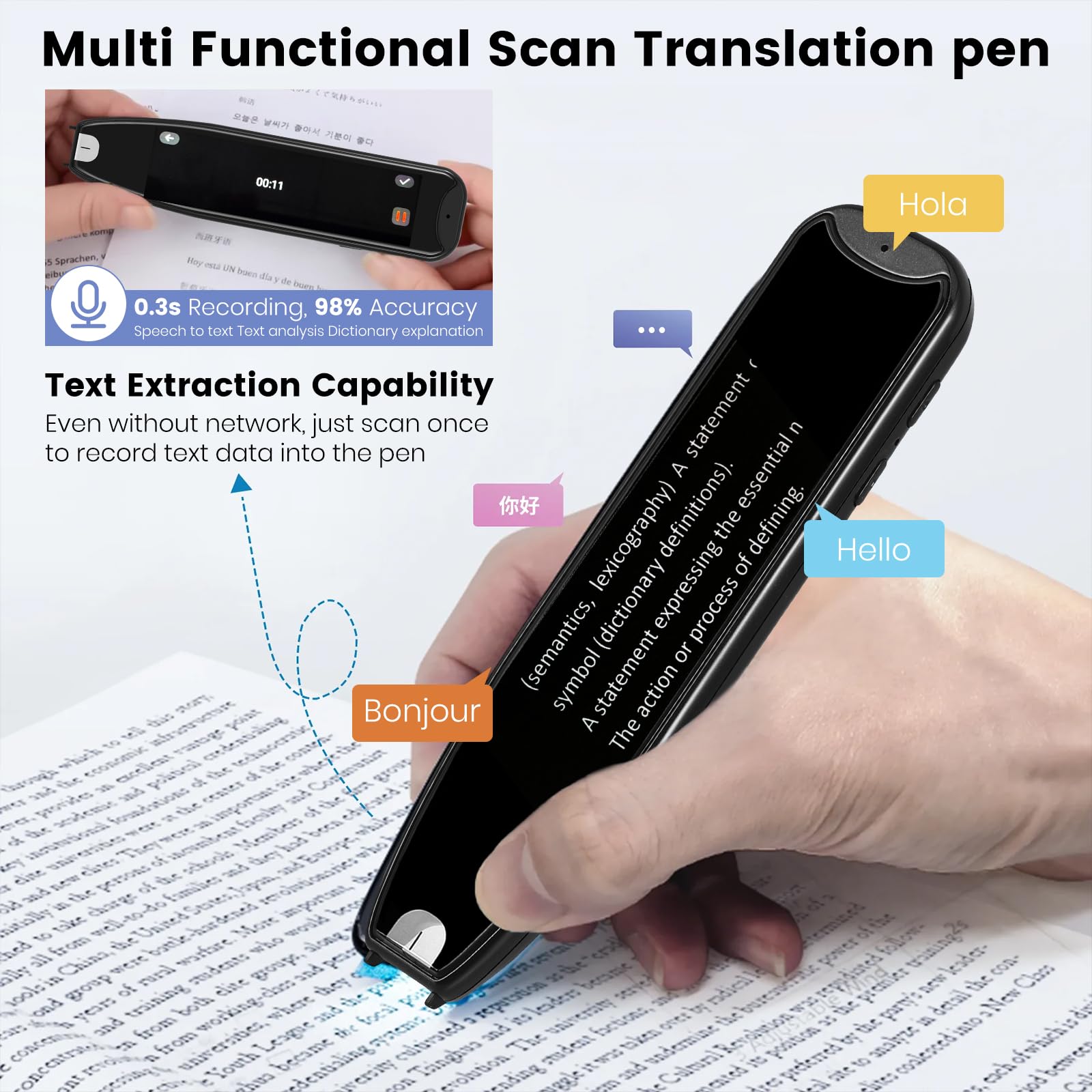Übersetzungsstift Scanner 134 Sprachen bidirektionaler Translator WiFi Vorlesestift Offline Wörterbuch für Lernen Reisen Business Schwarz