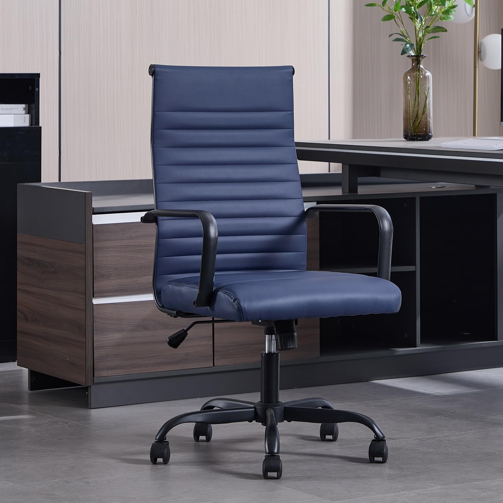 Haranuo Office Chair, Ergonomic Executive Conference Room Chairs, Ribbed Leather Desk Chair with Lumbar Support, Adjustable Height Mid-Back Swivel