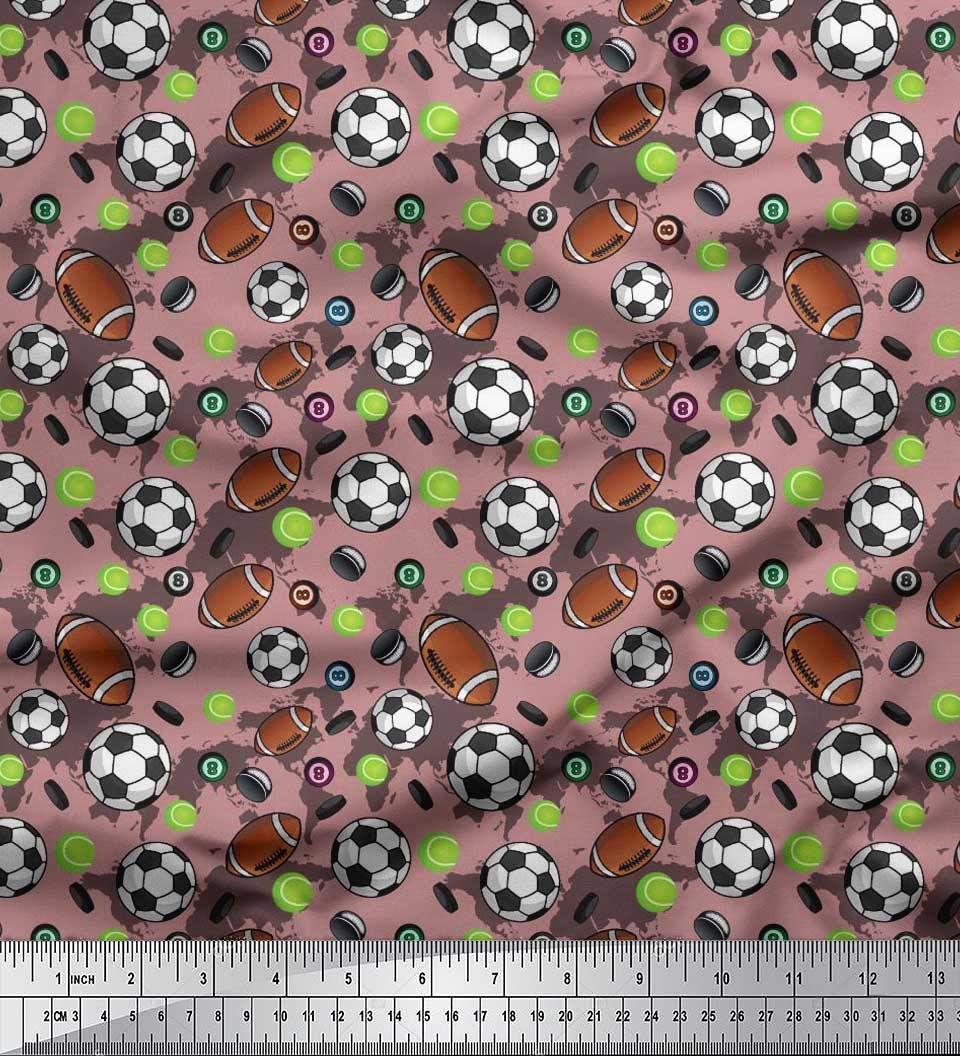 Soimoi Rayon Pink Fabric - by The Yard - 42 Inch Wide - Cricket Ball, Rugby & Football Sports - Tri-Sport Extravaganza with Cricket Ball, Rugby, and Football Prints Printed Fabric