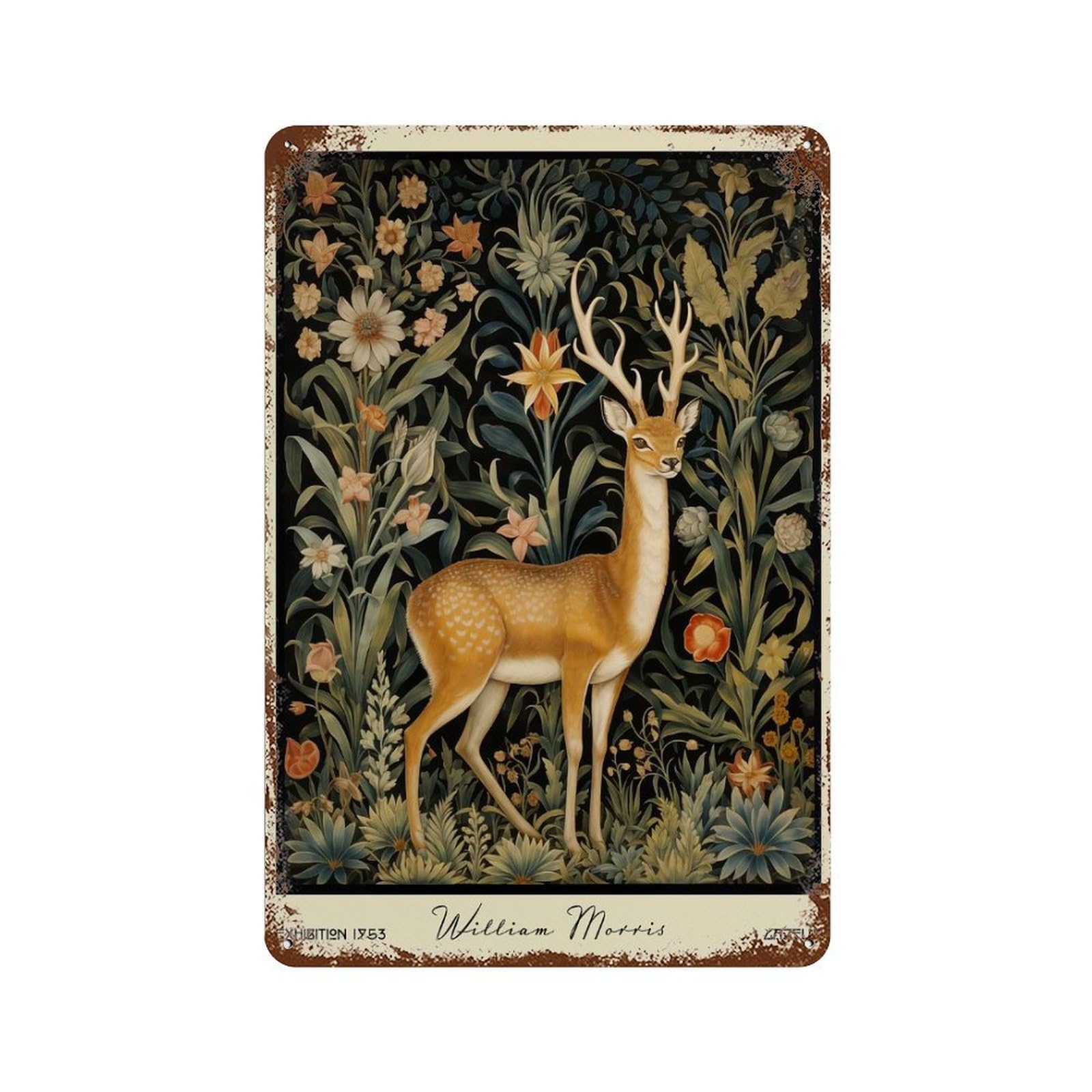 William Morris Gazelle Forest Distressed Metal Wall Sign 11.8"x7.9", Rustic Home Decor for Living Room, Hallway And Home Decor