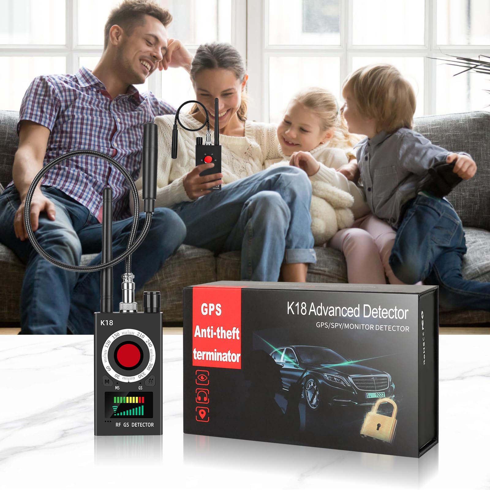 K18 Détecteur RF de Punaises – Détecteur de Signal pour Caméras Cachées, GSM Tracker, Appareils d'Écoute et Dispositifs GPS Magnétiques, Scanner de Punaises Portable pour la Maison, le Bureau