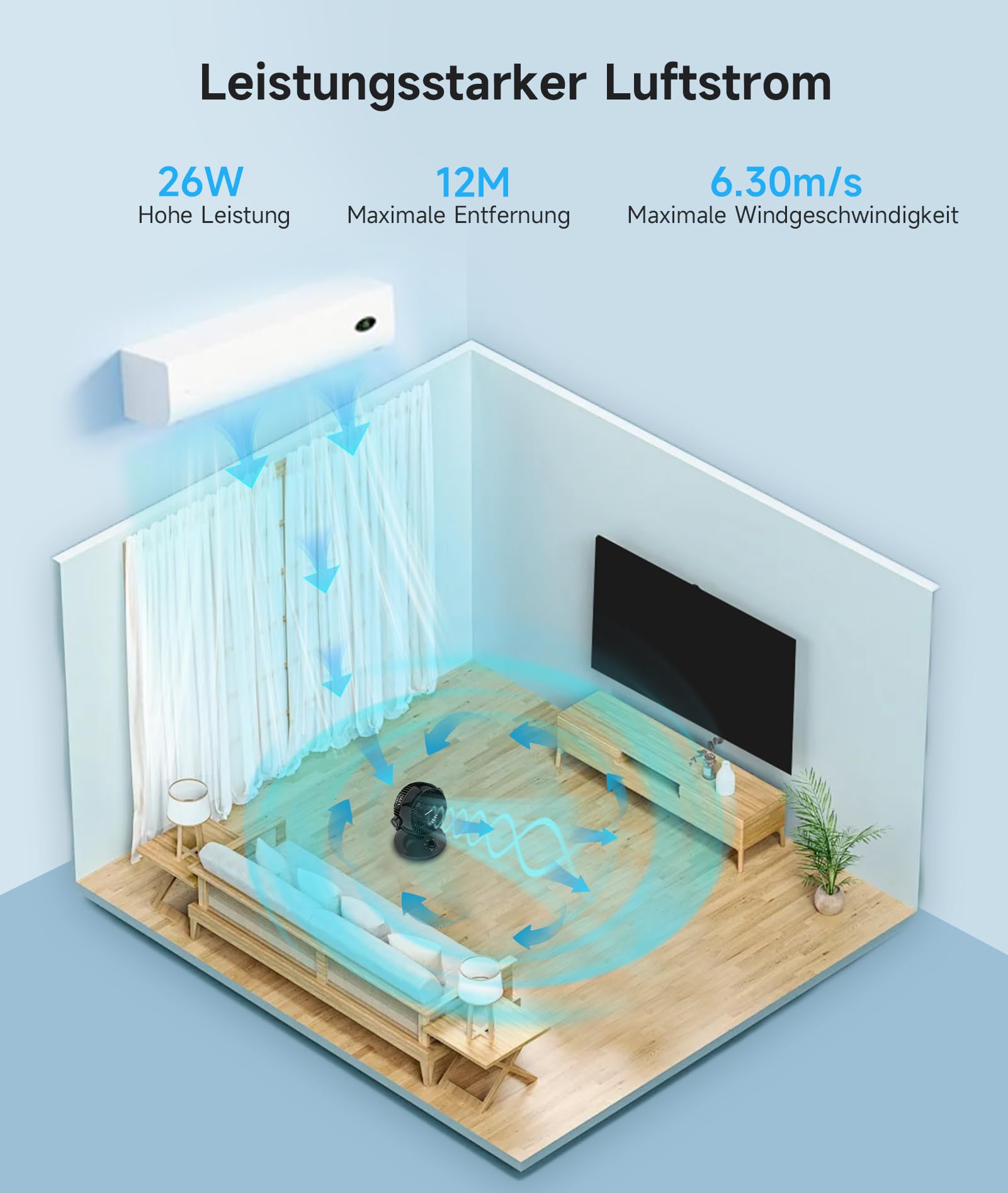 WOWDSGN Tischventilator 24dB 3D Turbo-Luftzirkulator 100° 80° Oszillation 3 Geschwindigkeitsstufen Schwarz