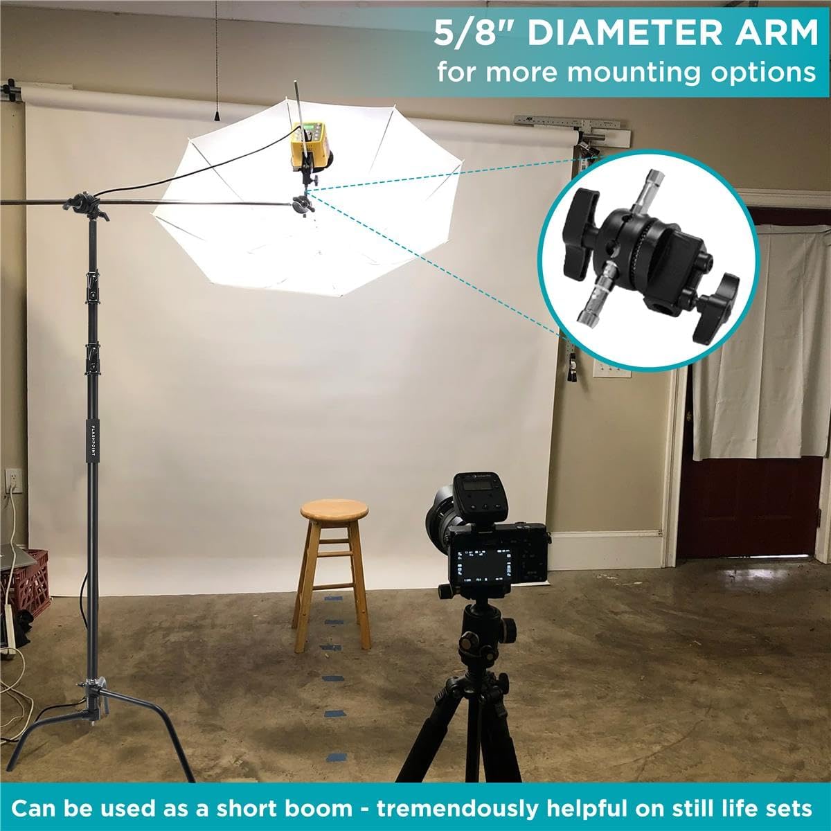 Flashpoint 10.5' C Light Stand on Turtle Base Kit with Two Tier Spring Loaded Riser Column, 40" Grip Arm, Two 3" GOBO Heads and Baby Pin, Black, This C Stand is Suitable for Cinema and Still Studios