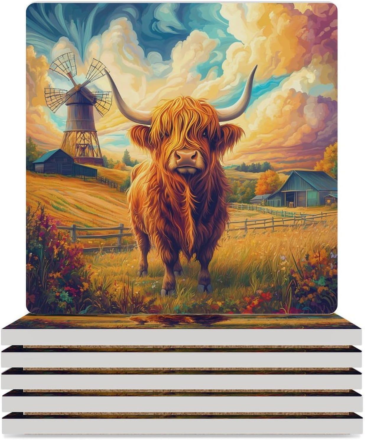 Highland Cow Old Barn Coasters for Drinks Square Table Coasters Set Cup Mats with Cork Base