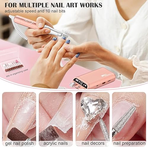 Miniatura 3 de Kredioo Taladro de uñas, taladro de uñas para uñas acrílicas profesionales, máquina de archivo eléctrica de 35000 RPM, recargable, portátil, con 10