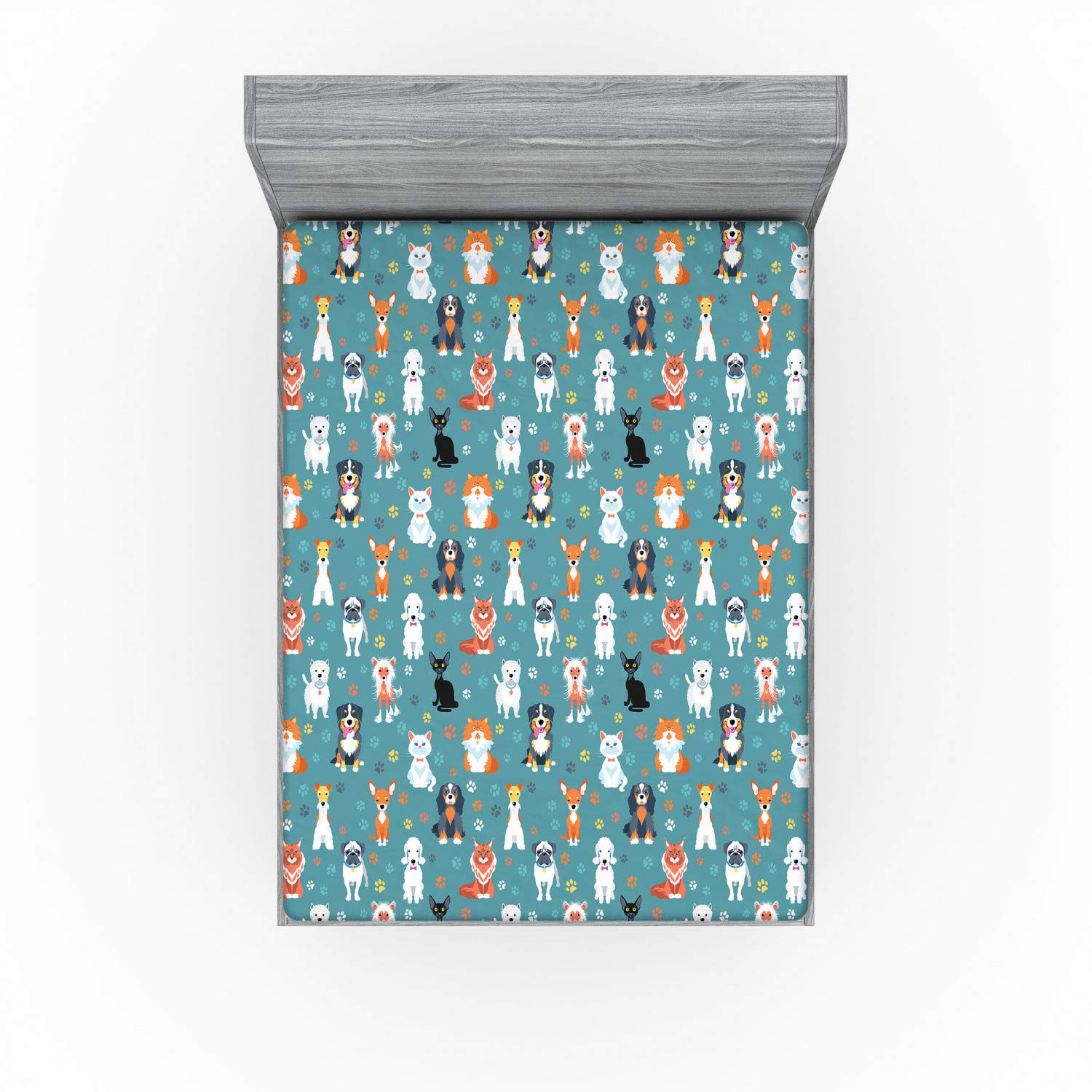 Ambesonne Animal Print Fitted Sheet, Pet Lover Pattern Different Species of Cats and Dog Colorful Paw Prints, Bed Cover with All-Round Elastic Deep Pocket for Comfort, California King, Multicolor