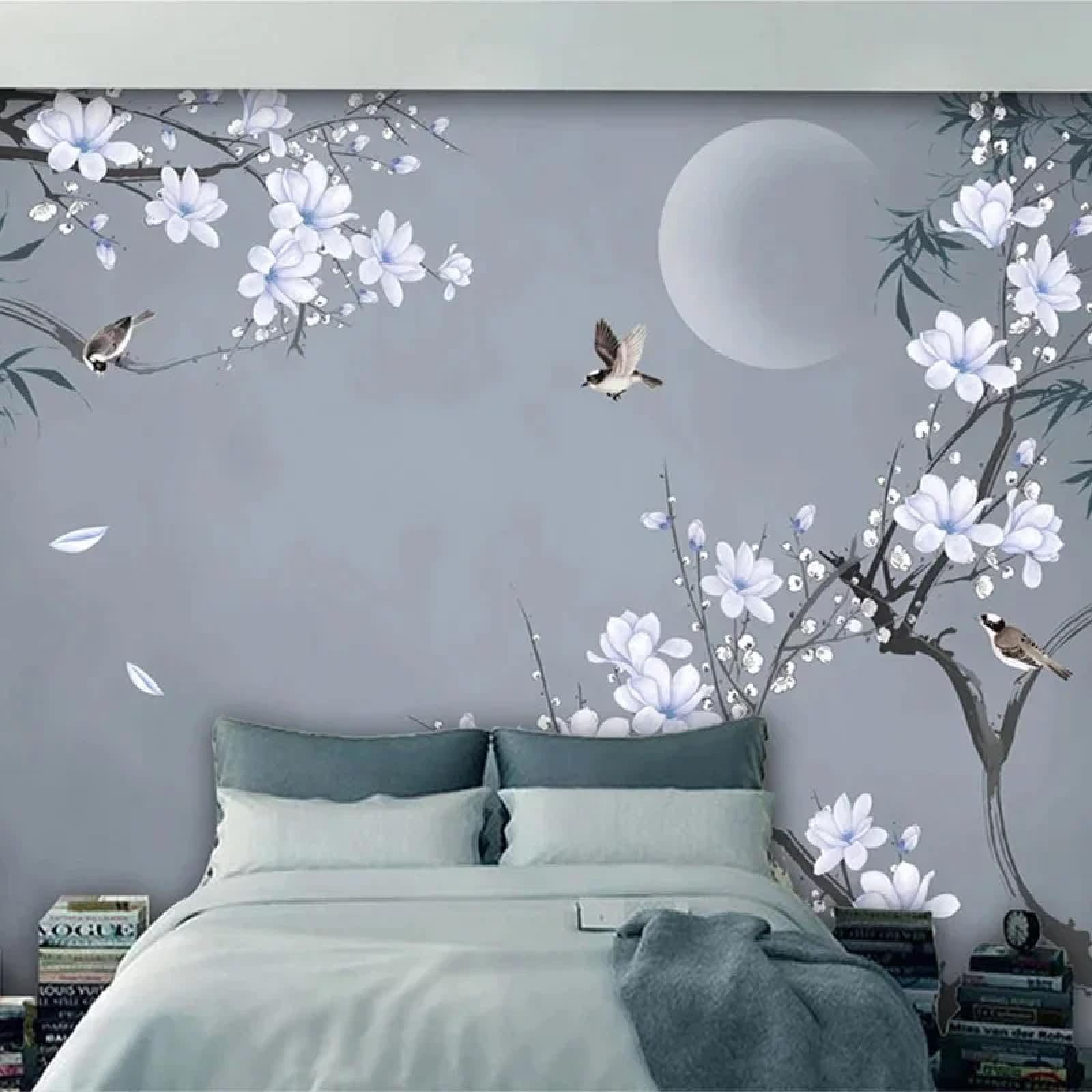 Papier peint photo mural 3D oiseaux et lune pour chambre parentale zen