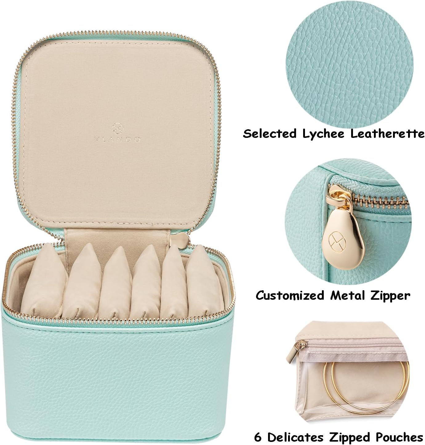 VLANDO Travel Jewelry Box Organizer – Portable PU Leather Jewelry Case with 6/8/12 Zippered Pouches, Compact Storage for Earrings Rings Necklaces Bracelets, Aqua Blue