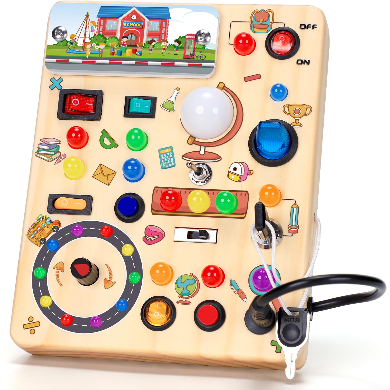 Busy Board with LED Light Switches, Montessori Toys for 1 2 3 Years Old, Toddlers Wooden Toy Sensory Activity Board, Travel Toys for 1+ Year Old Boy &amp; Girl Birthday Gift (School)