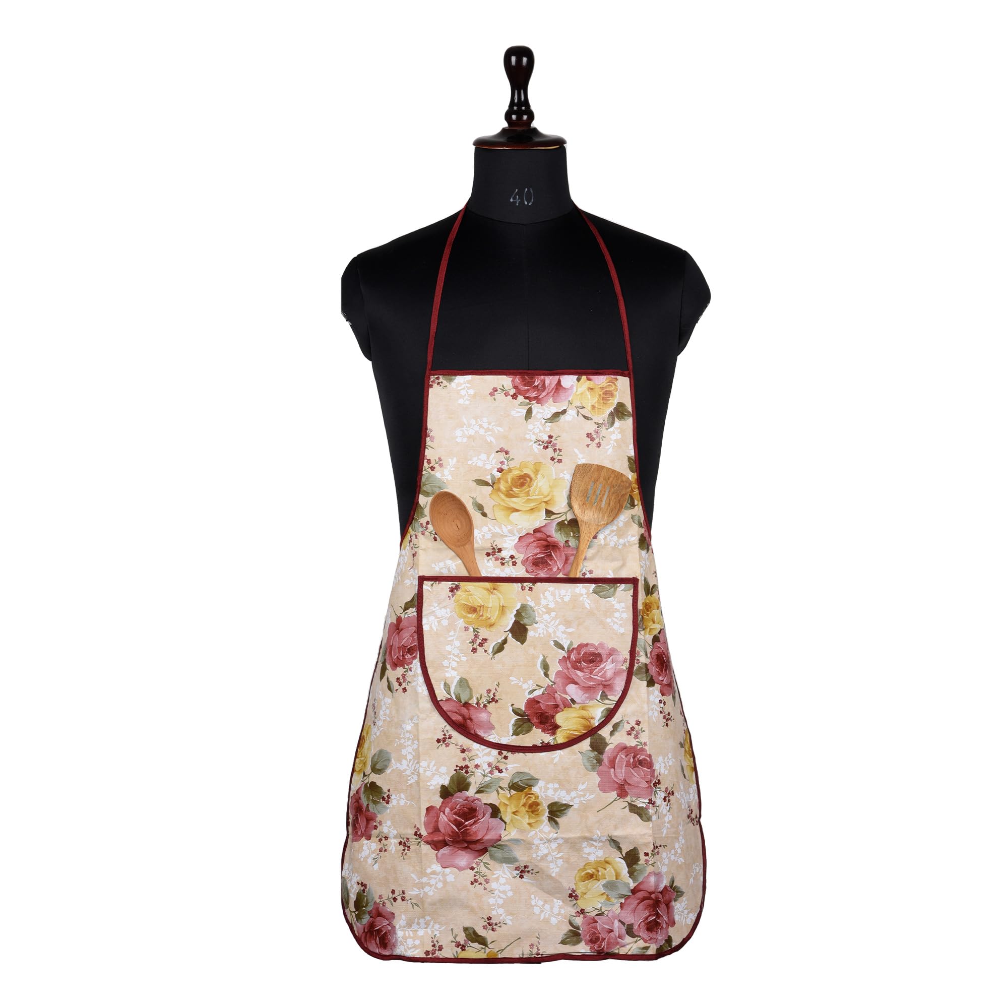 Kuber Industries Kitchen Apron | Kitchen Dress for Women | Waterproof Apron | Apron for Restaurant | Front Pocket | Apron for Chef | Cooking Apron for Men | Flower Print | Beige