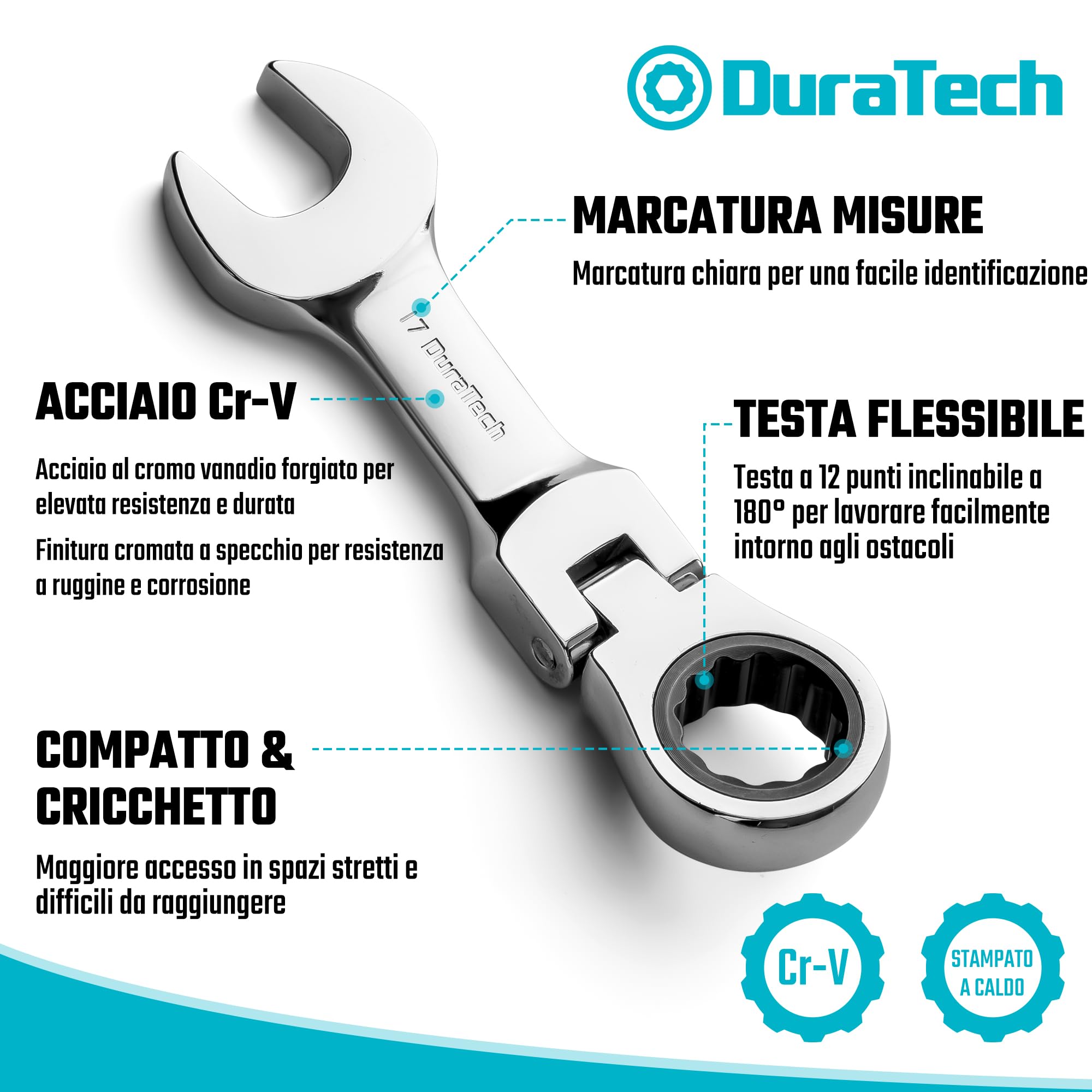 DURATECH Stubby - Set di chiavi combinate a cricchetto con testa flessibile, metrica, 12 pezzi, 8-19 mm, acciaio CR-V, con custodia