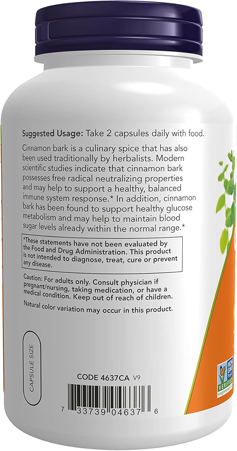 Now Foods Supplements, Cinnamon Bark 600 mg, Non-GMO Project Verified, Healthy Glucose Metabolism, 240 Veg Capsules : Health & Household