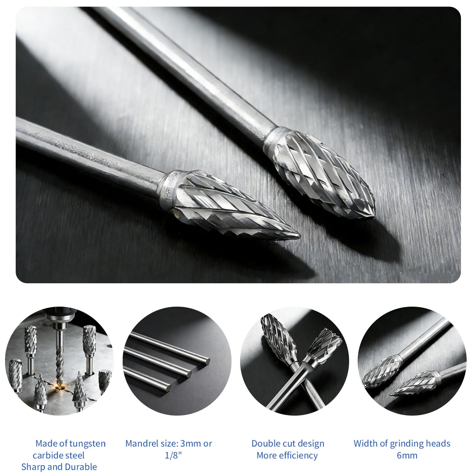 10 Stück Hartmetall Frässtifte mit Doppelschnitt, Wolfram Hartmetall Rotationsfräser mit 1/8" Schaf für DIY-Holzbearbeitung,Bohren,Schnitzen, Gravieren,Metallpolieren