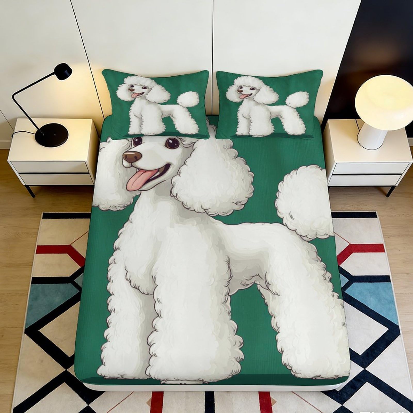 3D Printed White Poodle Fitted Sheet Microfiber Cartoon Dog Mattress Cover Anti-Slip Easy Care Bedroom Decor 200x200x25cm