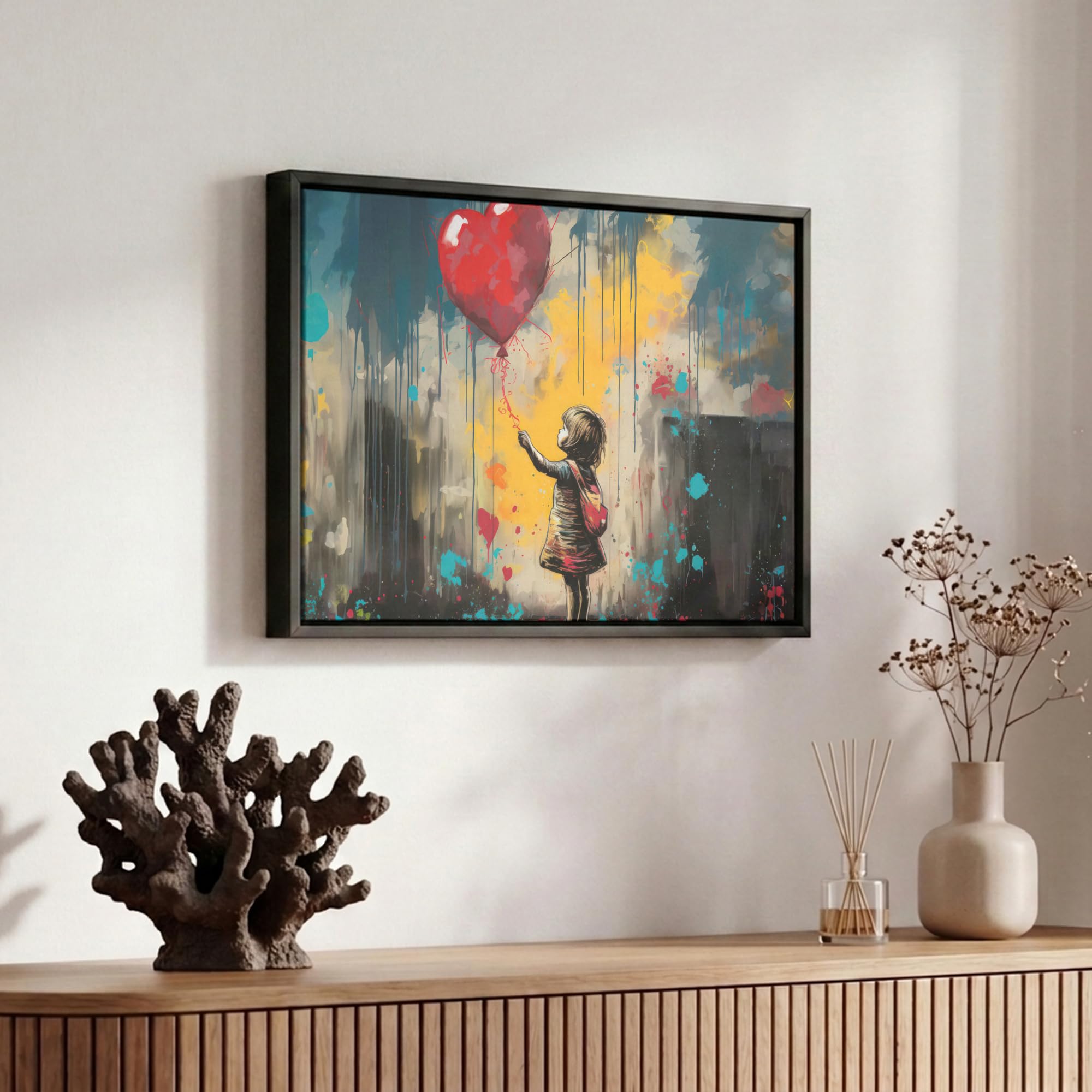 OnlyWow© Lienzo Con Marco De Madera 30x20 cm Cuadros Decorativos Salon Modernos Dormitorio Lienzos Canvas Living Room Wall Art Pasillo Chica - Globo - Corazón - Graffiti