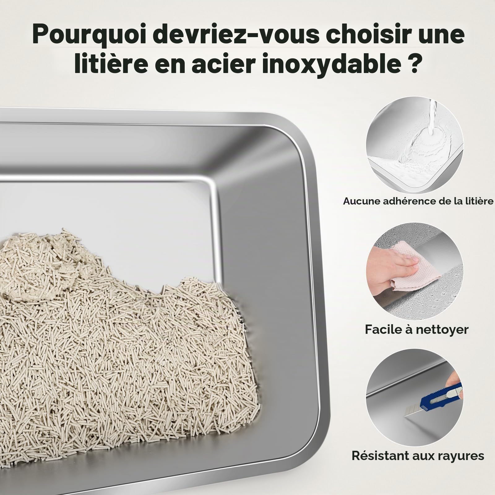 MIXJOY Bac à Litière en Acier Inoxydable XXL avec Couvercle, Toilette pour Chat en Acier Inoxydable à Deux Portes, Bac Fermé avec Pelle, Facile à Nettoyer, Convient pour Chats de Grande Taille
