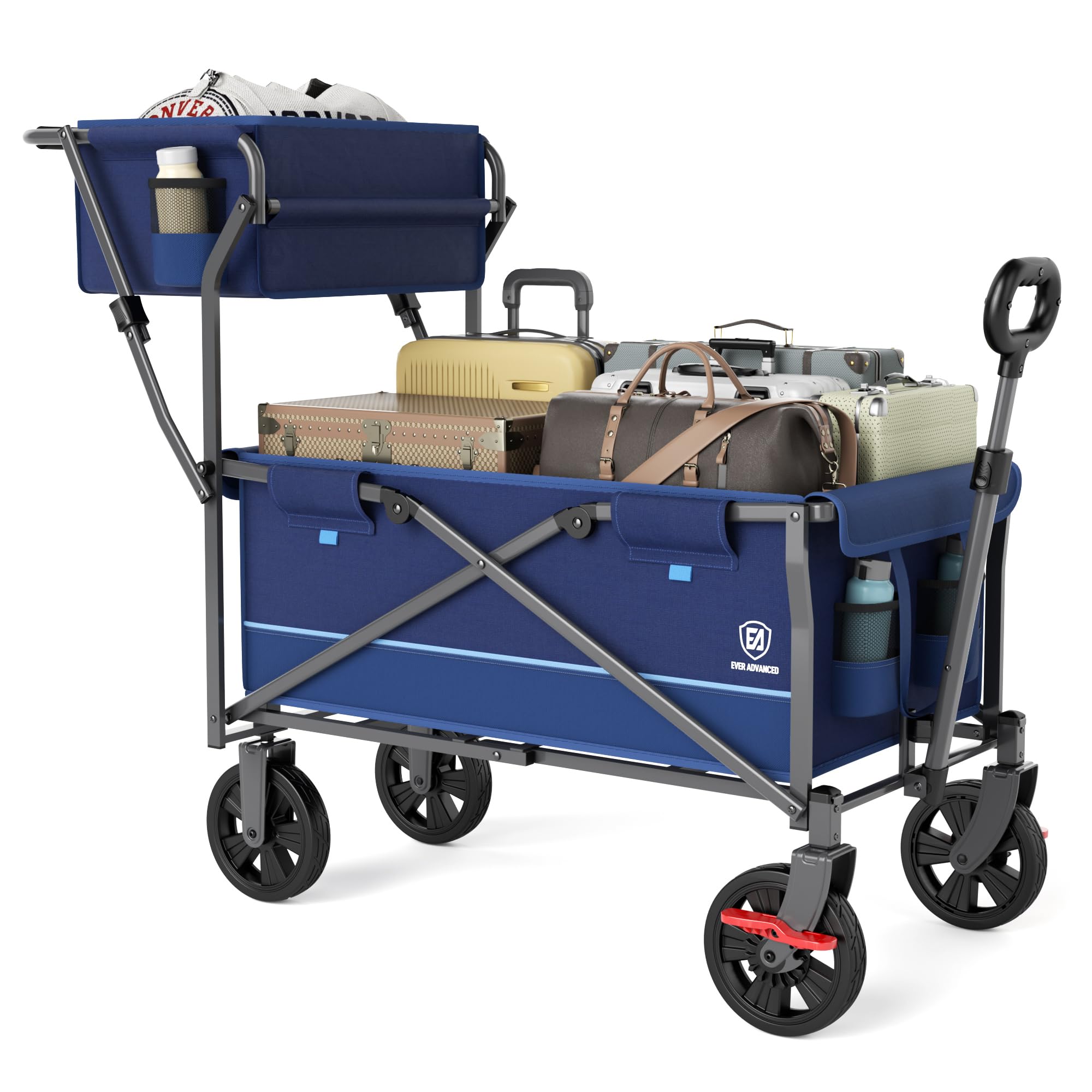 EVER ADVANCED Chariot de Transport Pliable Pousser&Tirer avec Frein, Panier à provisions, Porte-gobelets, Poche latérale, Chariot de Plage jusqu'à 100kg pour Camping, Plage, Courses